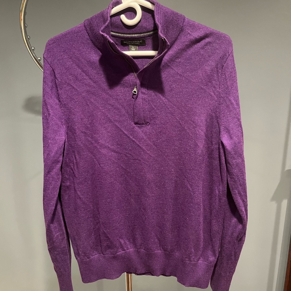 Mens large, purple, extra fine merino wool Banana Republic 1/4 zip sweater